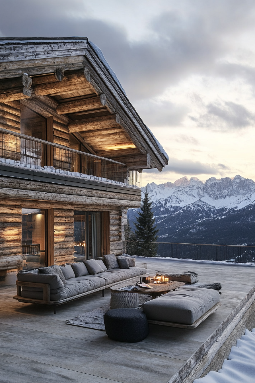 Contemporary Alpine living. Modern log cabin overlooking snow-capped mountains.