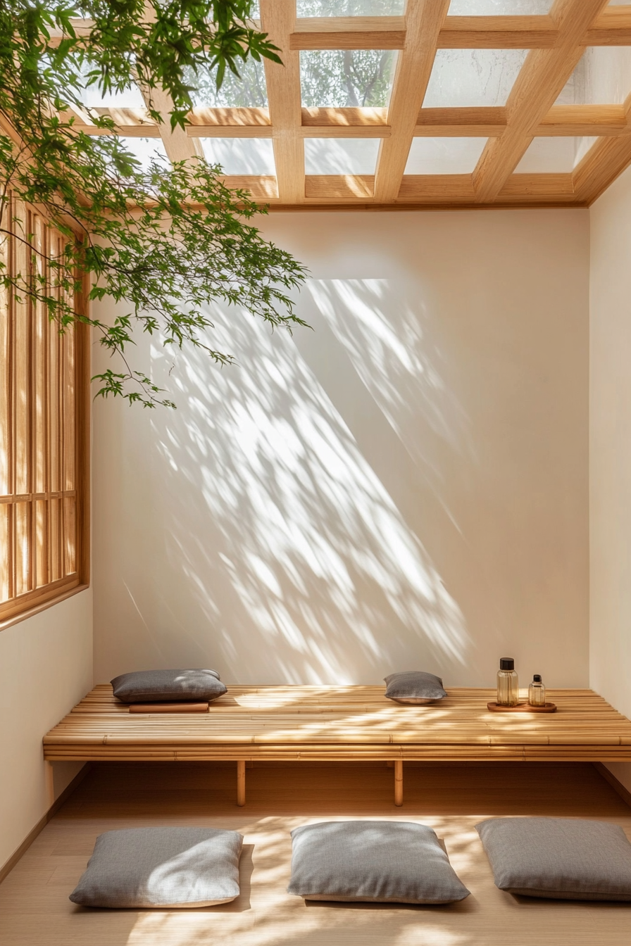 Meditation space. Bamboo bench under a skylight with stored floor cushions and essential oil diffuser.