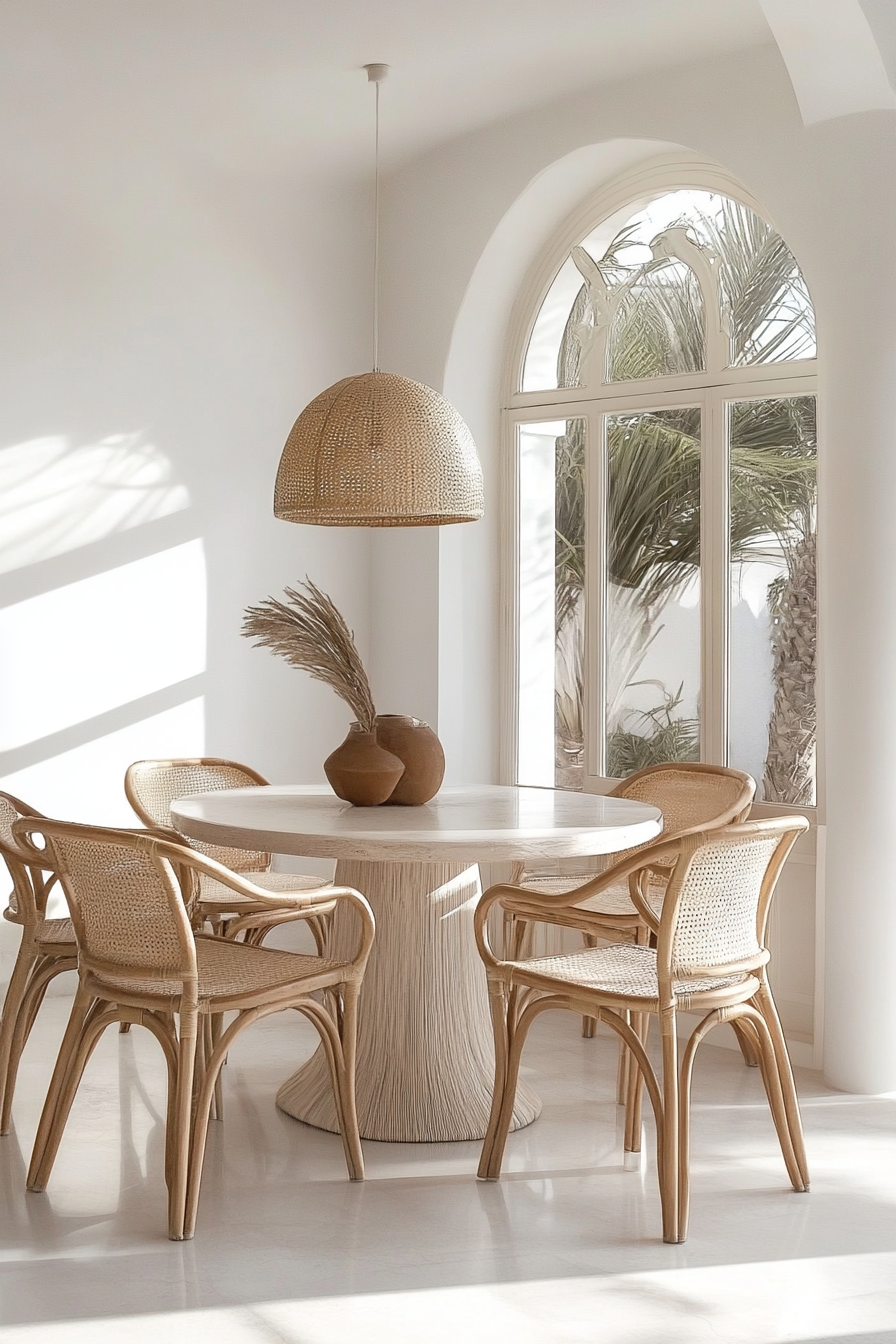 Dining room. bleached brunette floors, seashell white, airy combination of curved rattan chairs and windows.