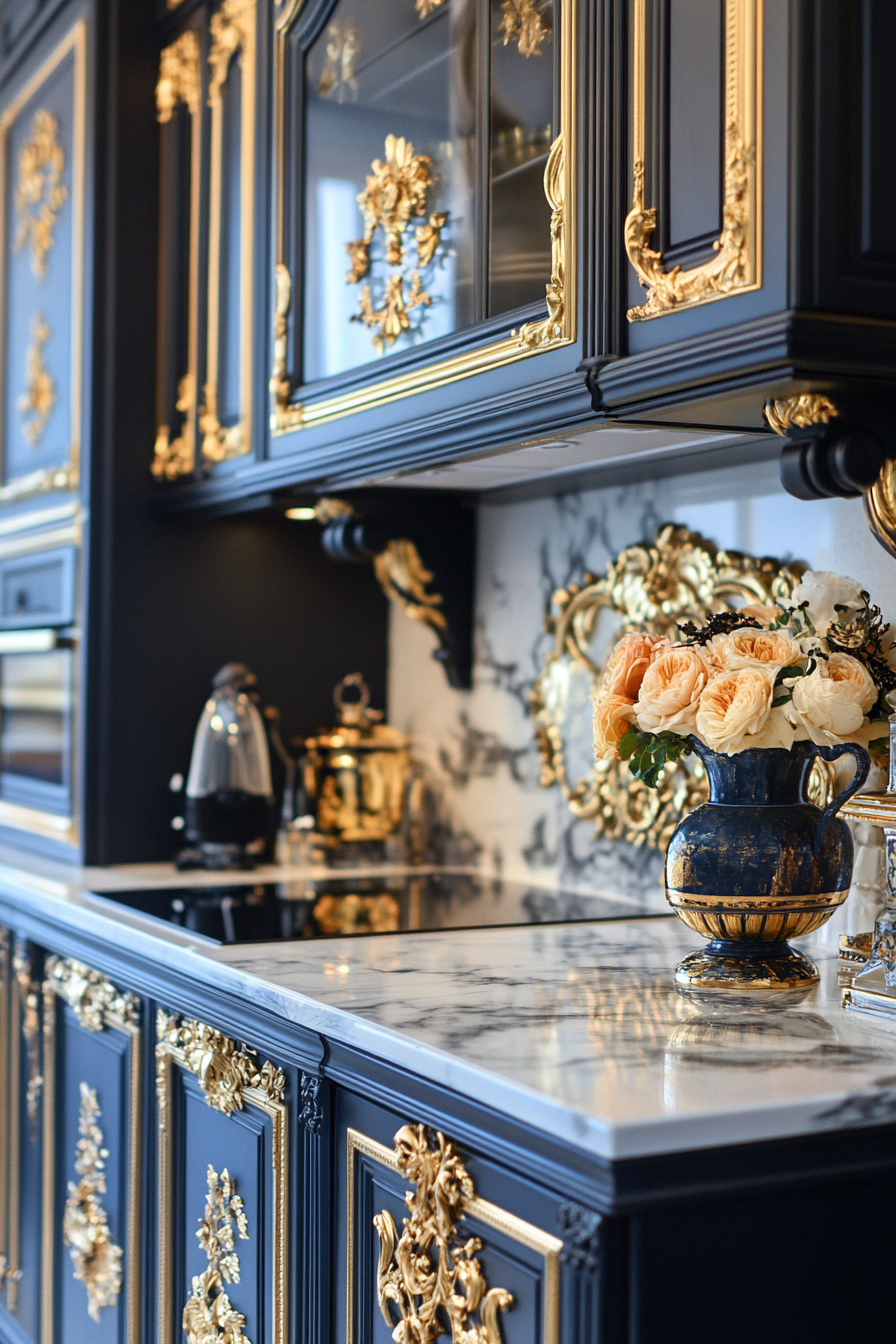 Premium kitchen design. Marble countertops with gold-accented cabinetry.