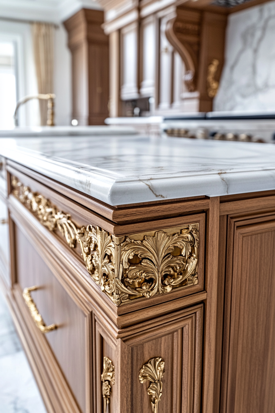 Premium kitchen design. White marble countertops with gold inlays and oak cabinetry.