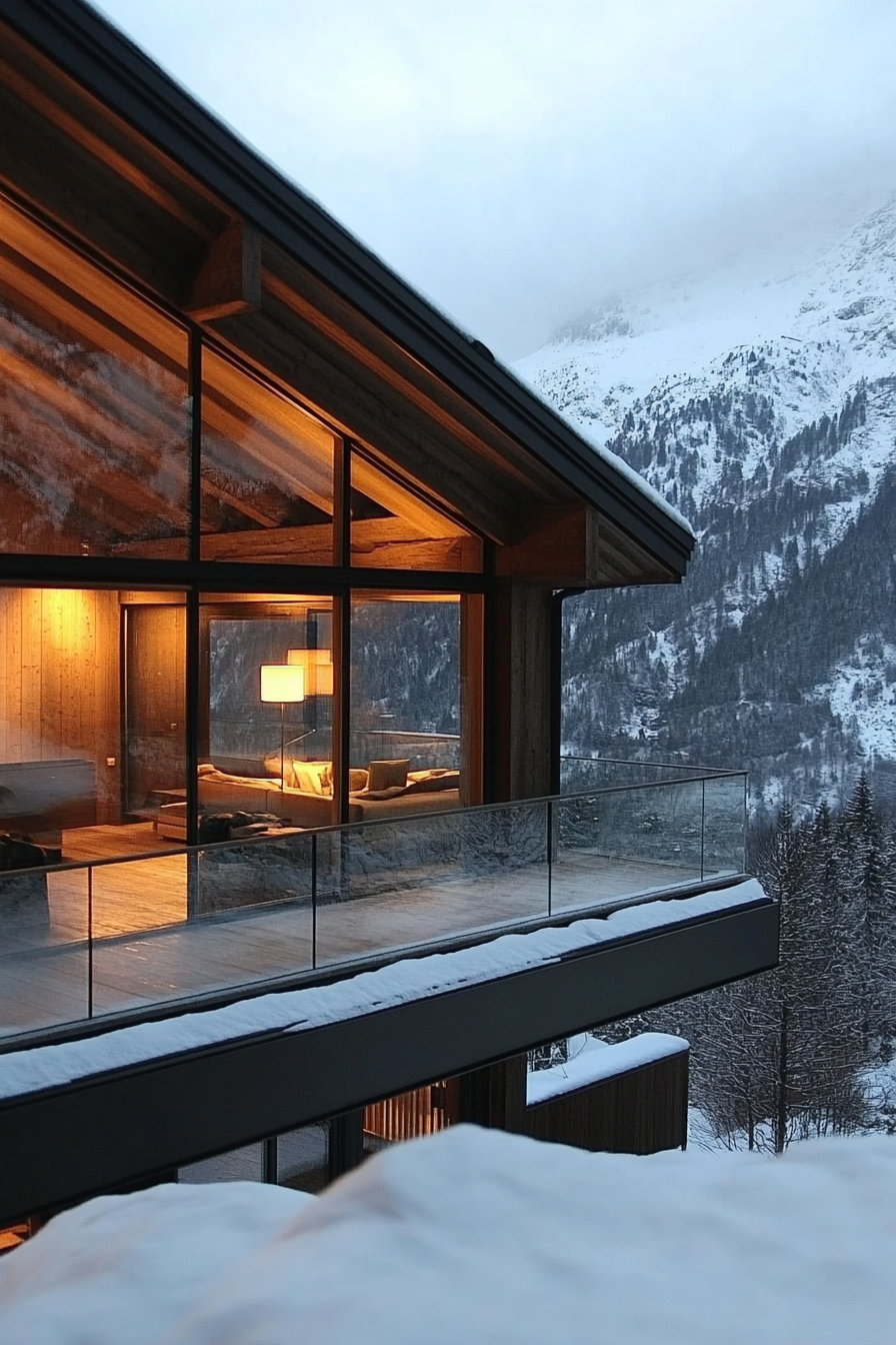 Contemporary Alpine living. Glass-fronted chalet overlooking snowy mountain range.