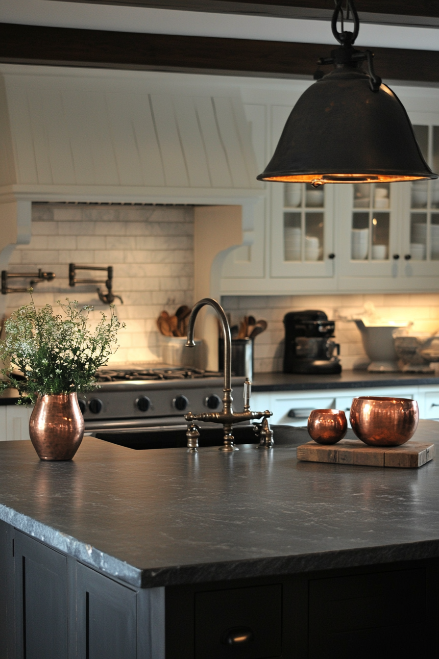 Welcoming kitchen. Soapstone countertops, collected copper vessels, vintage scale display, industrial pendants.