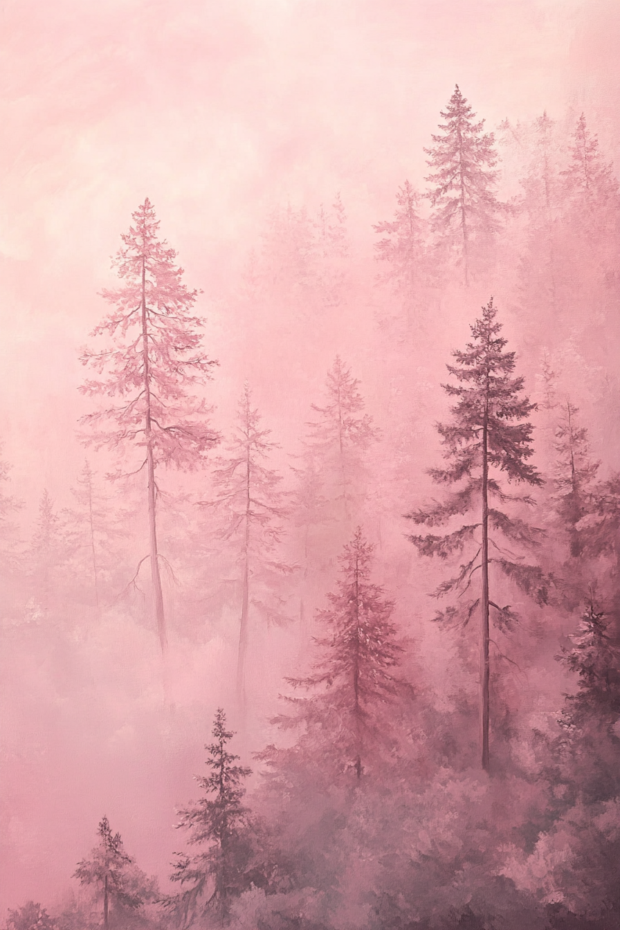 Pastel-colored mural. Soft pink forest peaking through a light pastel fog.