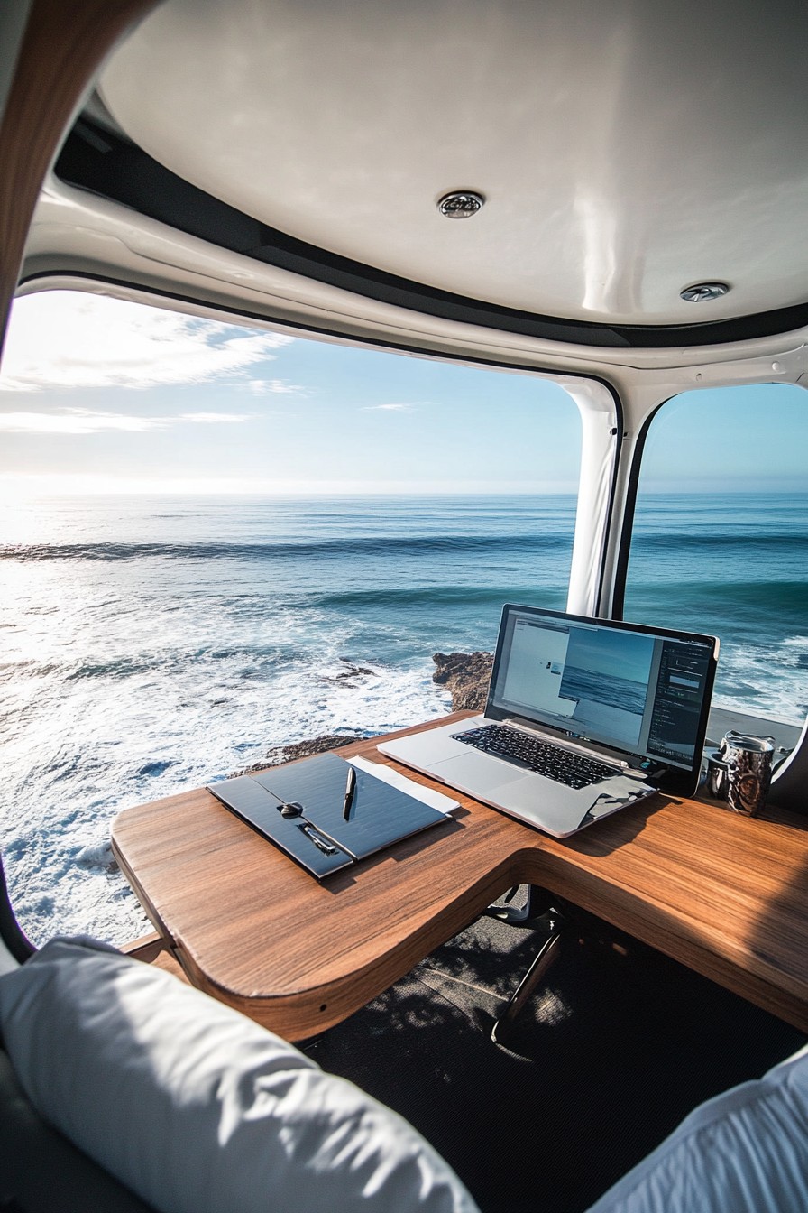 Flexible mobile office. Convertible workstation with ocean-view, equipped with solar tech.