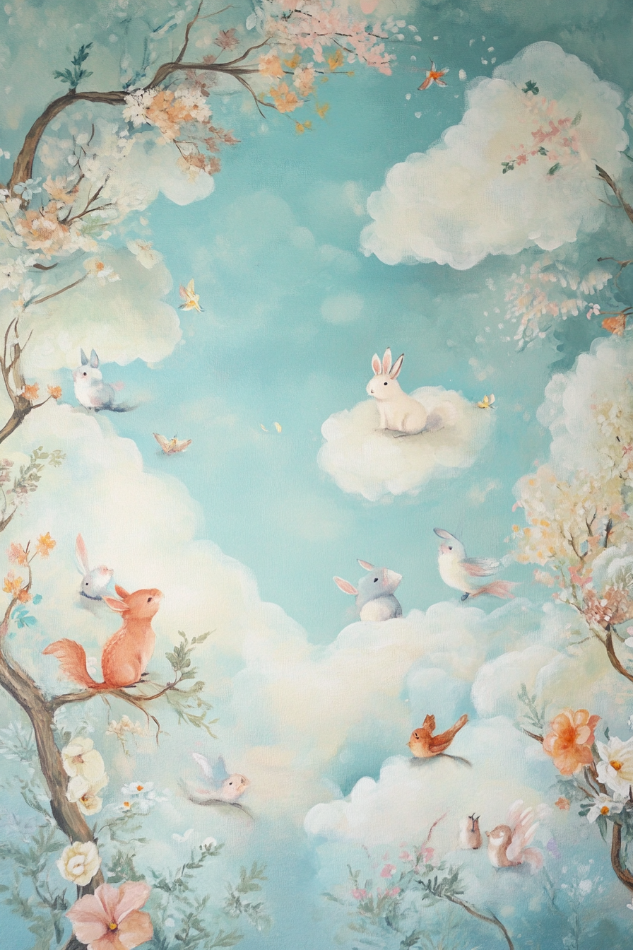 Baby room mural. Pastel-colored clouds tiny woodland creatures nestled within.