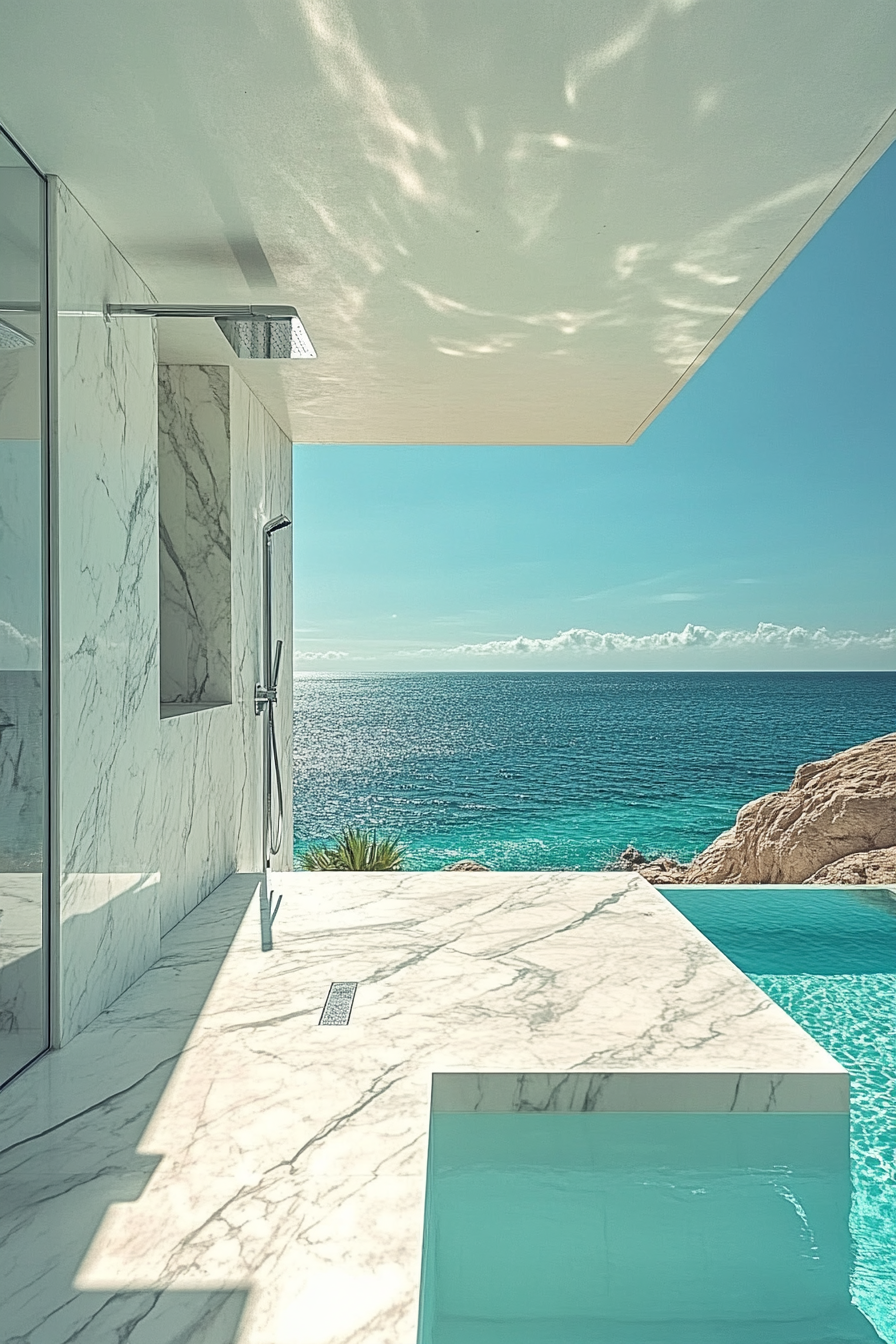 Pool house. White marble shower seamlessly blending indoor and outdoor, overlooking turquoise infinity pool.