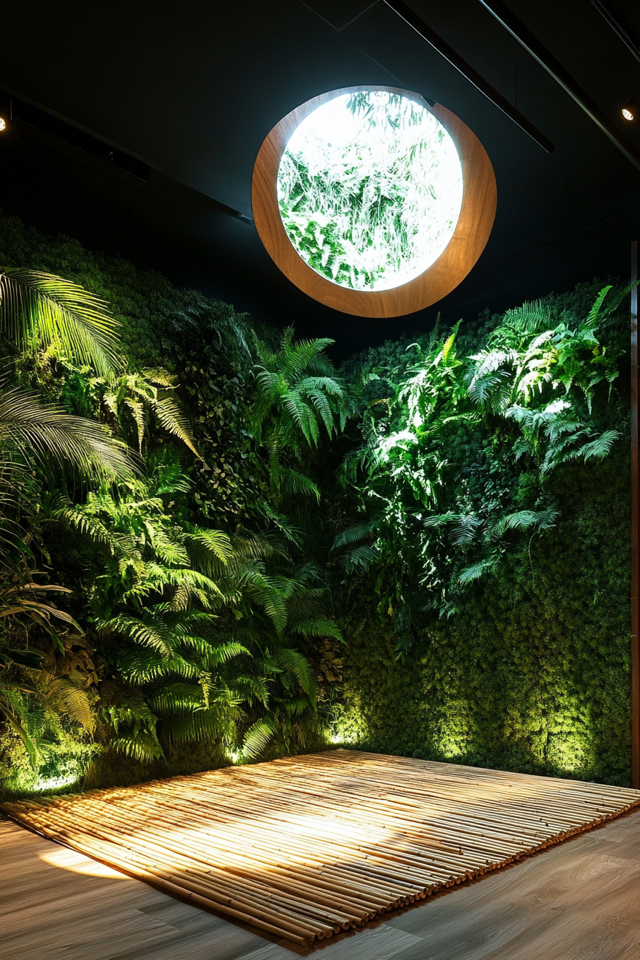 Yoga space. Bamboo mat underneath fern-filled living wall illuminated by moon-shaped skylight.