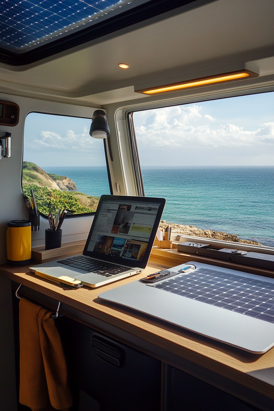 Mobile office. Convertible workstation dashboard, solar panels, window-facing desk towards the sea.