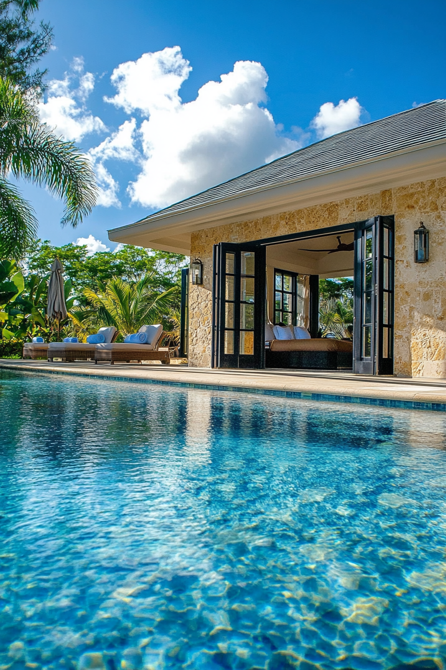 Luxurious pool house. Bi-fold doors, coral stone tiles, outdoor-shower. Panoramic bajan-blue pool view.