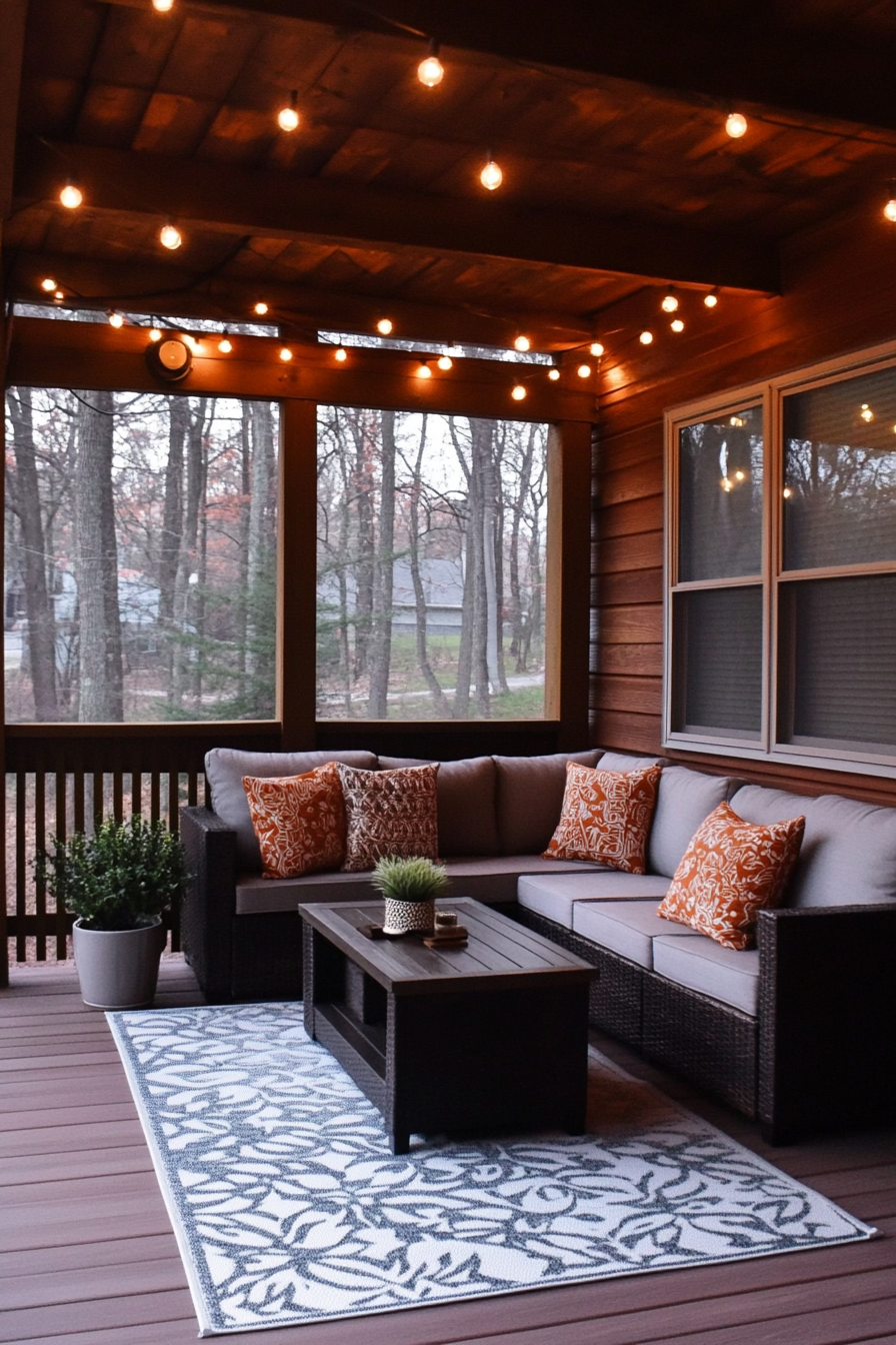 Modern enclosed porch. Dark wood furniture and overhead string lights.