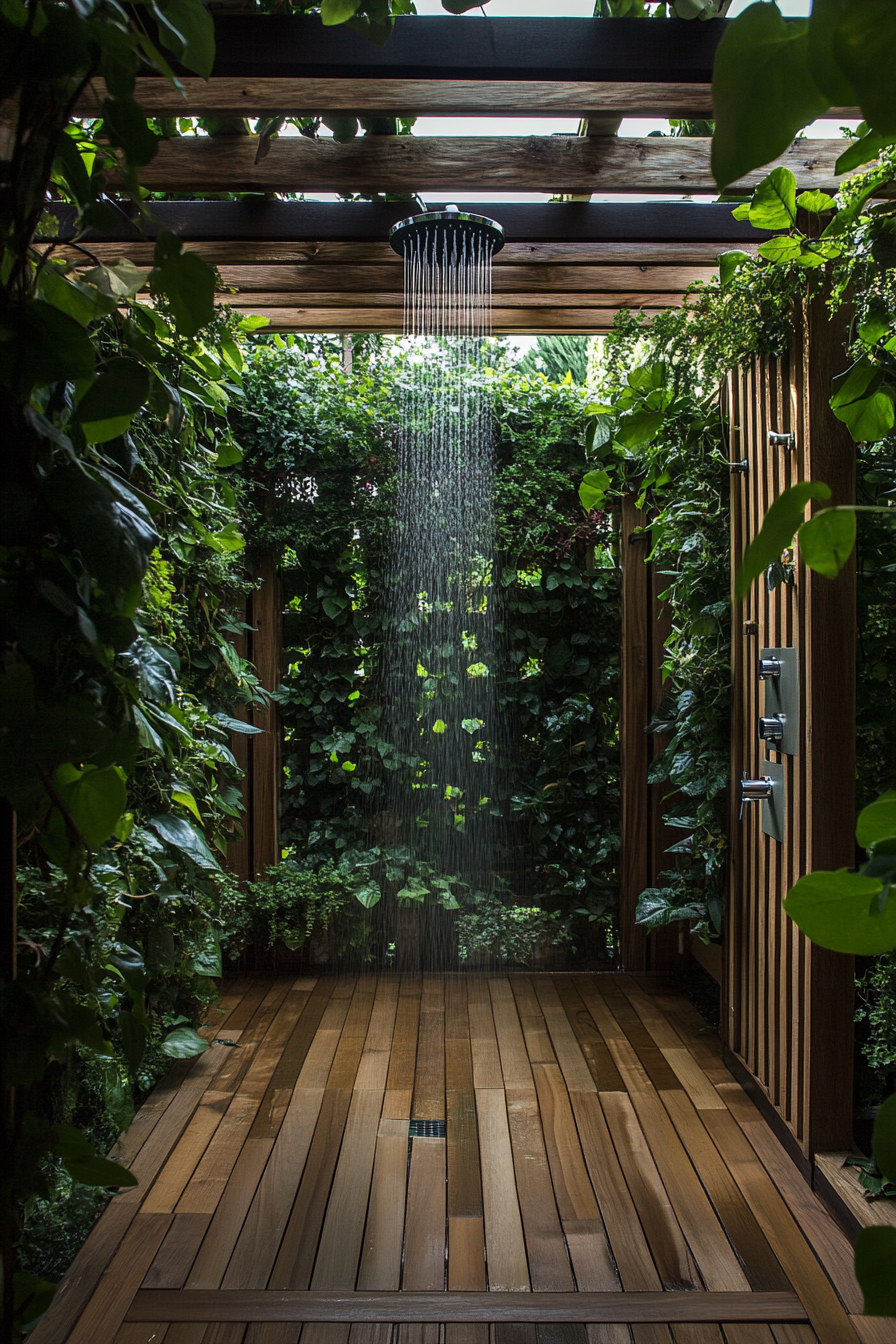 Outdoor bathroom. Teak floor, rainfall shower head, and pergola covered privacy wall with climbing ivy.