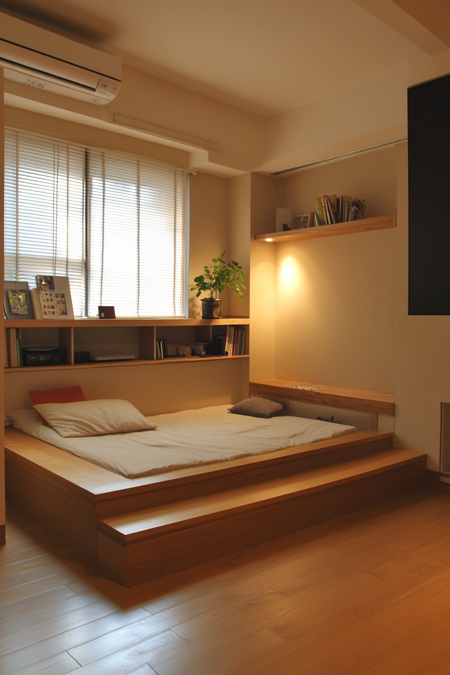 Minimal living space. Low platform bed with built-in storage and zen study space.