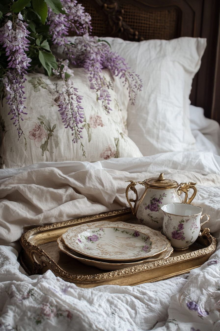 Bedside setup. Antique trays, gold dinnerware, wisteria arrangement.