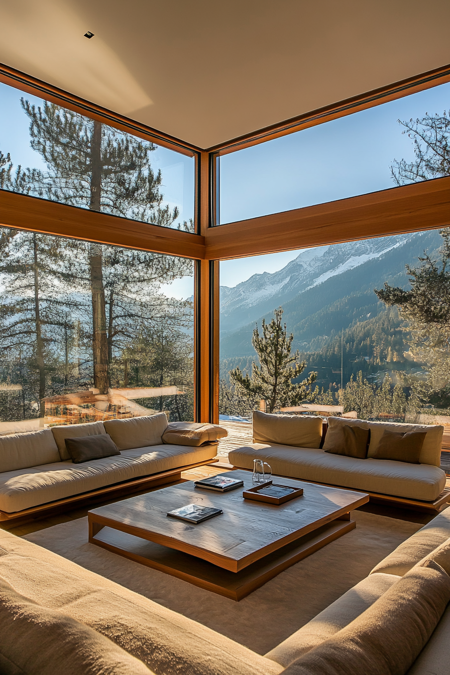 Contemporary Alpine living. Panoramic windows with Mountain view.