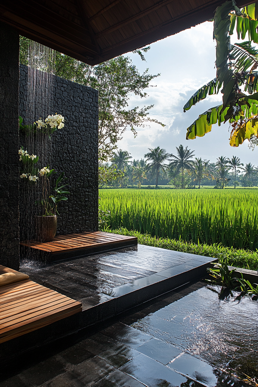 Outdoor shower. Black lava stone wall, teak platform, living orchid wall, and rice paddy view.