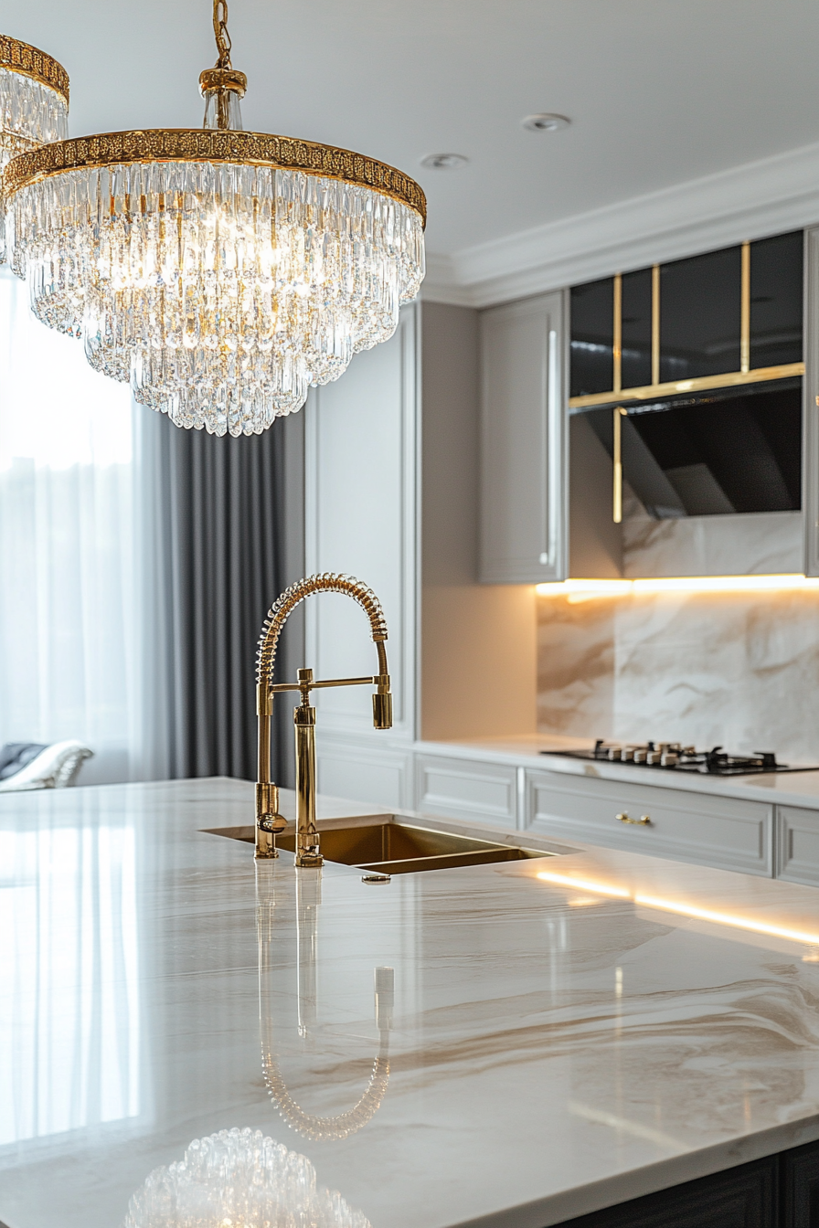 Premium kitchen design. Marble countertops with gold-plated taps and crystal chandeliers.