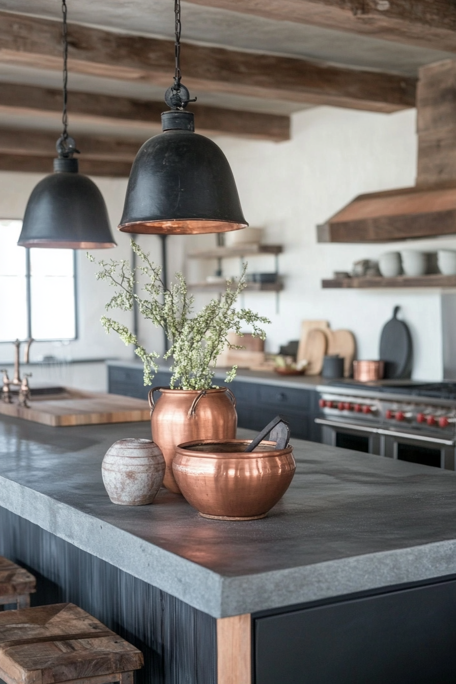 Kitchen. Soapstone countertops and copper vessels under industrial pendants.