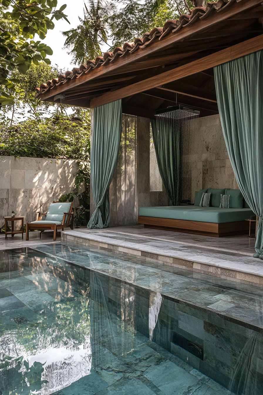 Pool house. Modern marble tiles, outdoor rainfall shower, turquoise cabana, rustic wooden lounge, reflective pool.