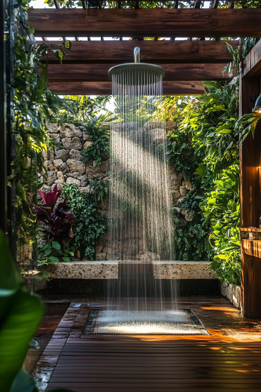 Outdoor bathroom. Teak flooring with waterfall shower under a pergola and living wall.