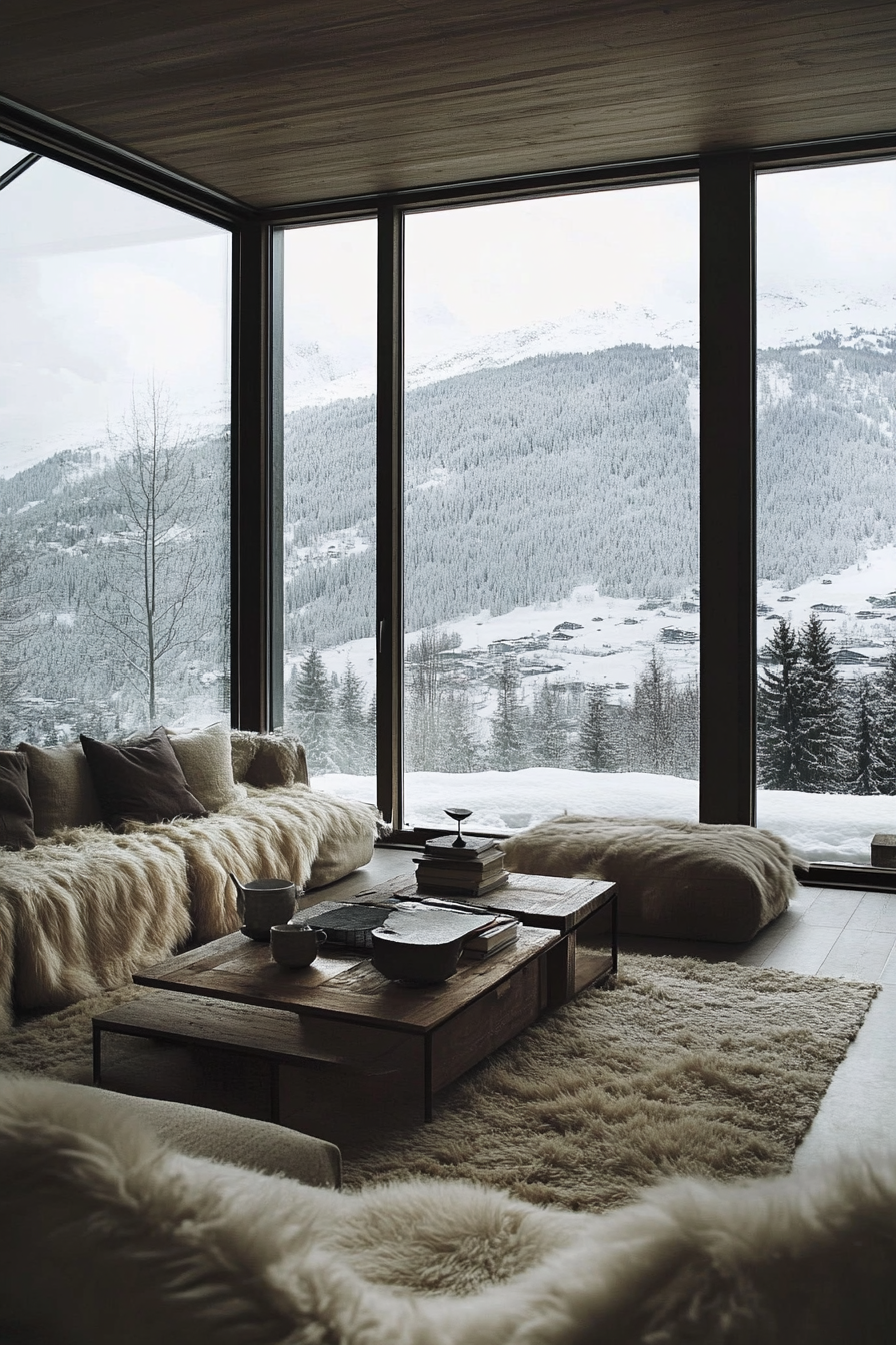 Contemporary alpine living room. Minimalist furniture, faux fur throws, floor-to-ceiling windows with mountain scenery.