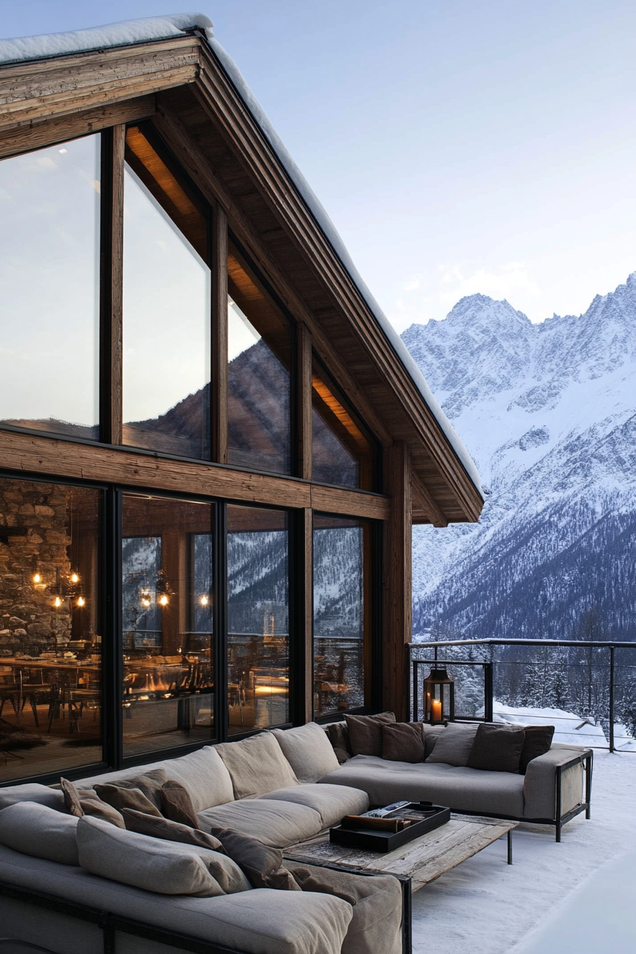 Contemporary Alpine living. Wooden chalet with glass windows overlooking snow-clad mountains.