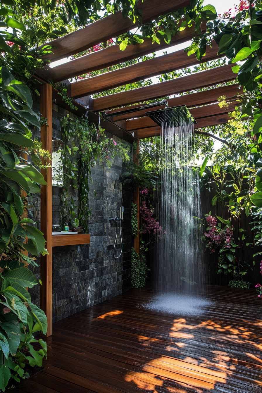 Outdoor bathroom. Teak flooring, rainfall shower, privacy wall, and pergola cover.