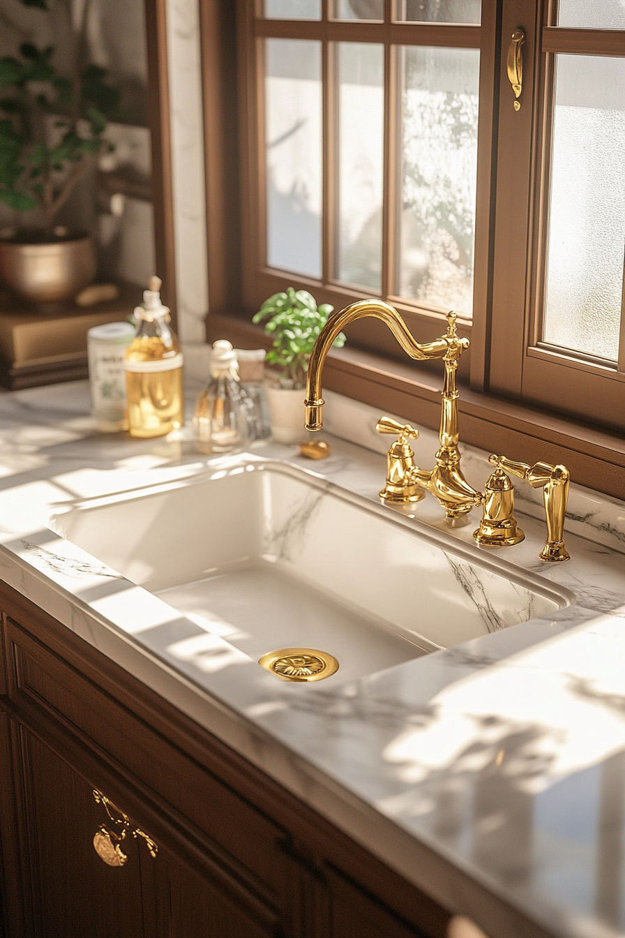 Kitchen design. Marble countertops with gold-plated hardware accents.