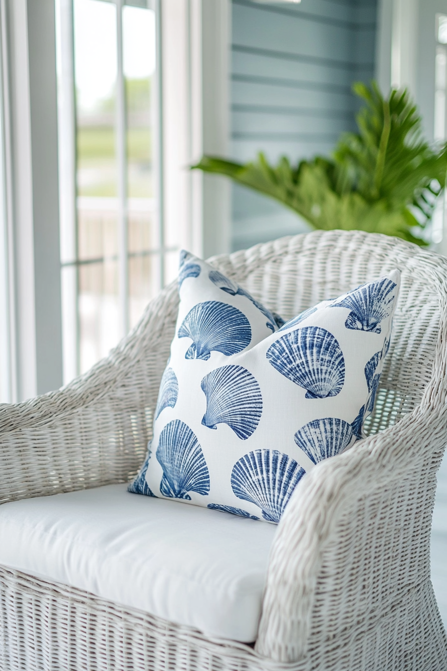 Coastal living. Blue seashell-patterned pillows on a white rattan chair.