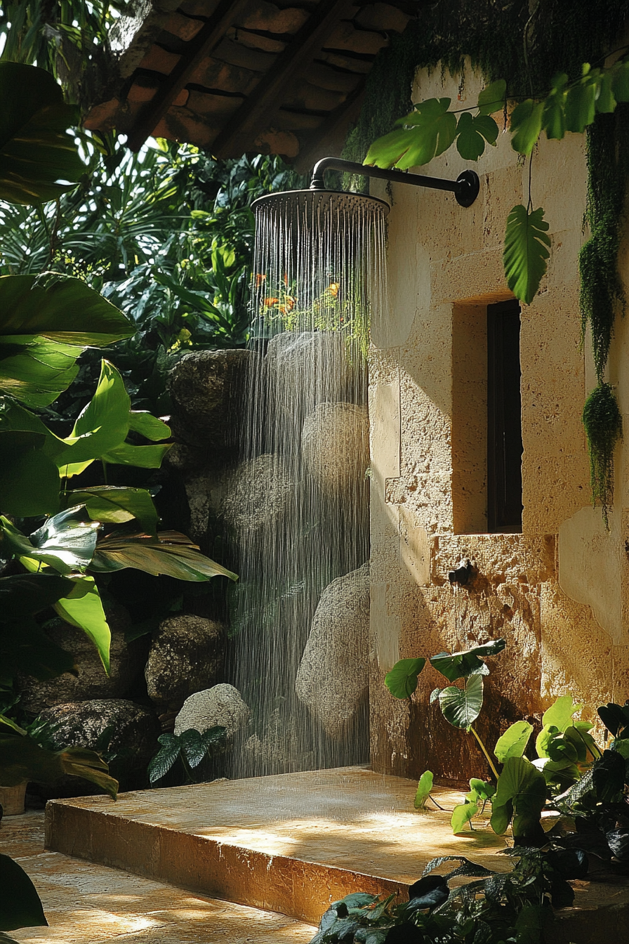 Outdoor shower design. Limestone waterfall showerhead, integrated tropical plants and moss-covered rocks.