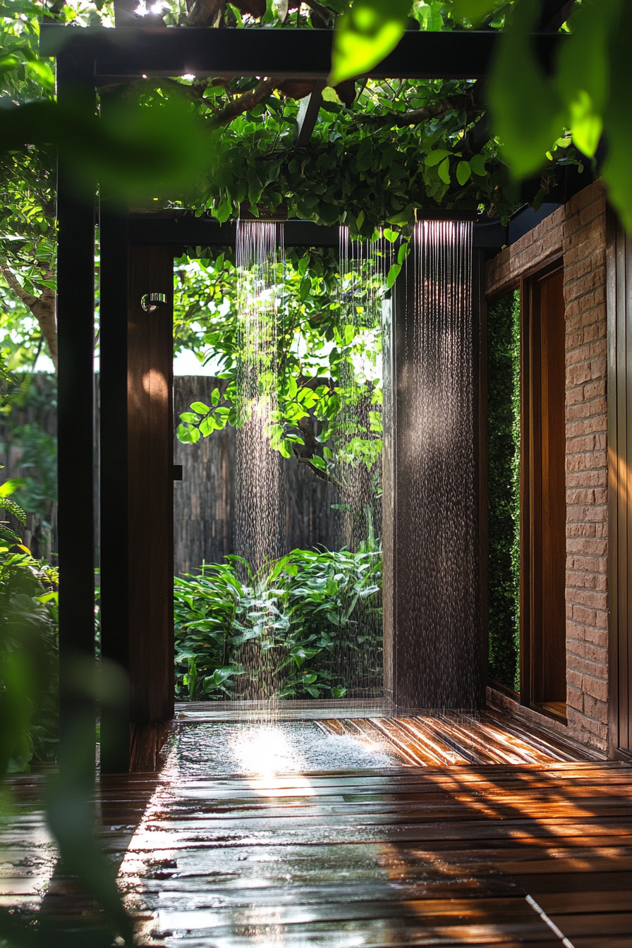 Pool house. Indoor-outdoor shower with rainfall fixture and teak flooring.