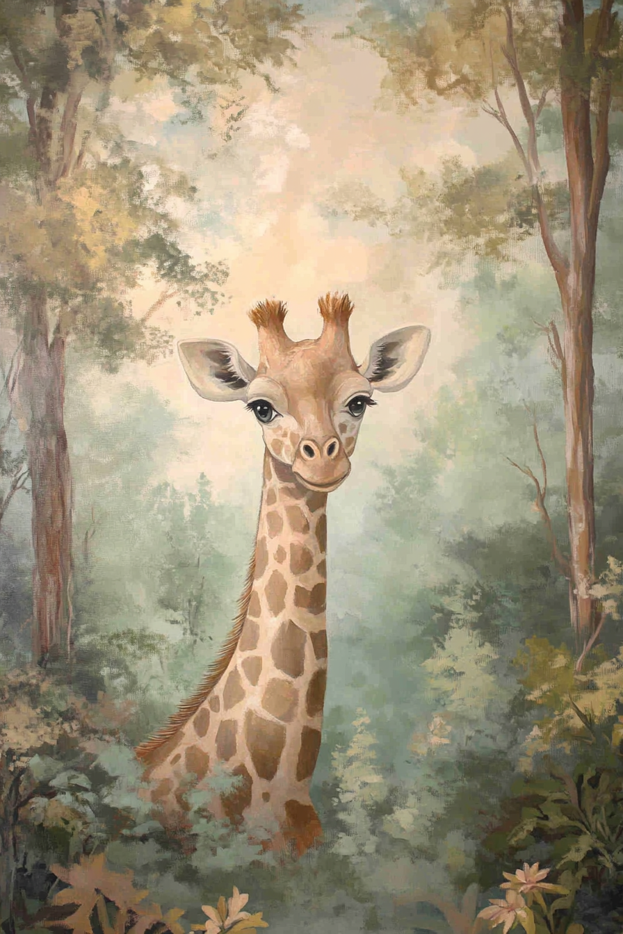 Baby room mural. Pastel green giraffe amidst a muted forest.