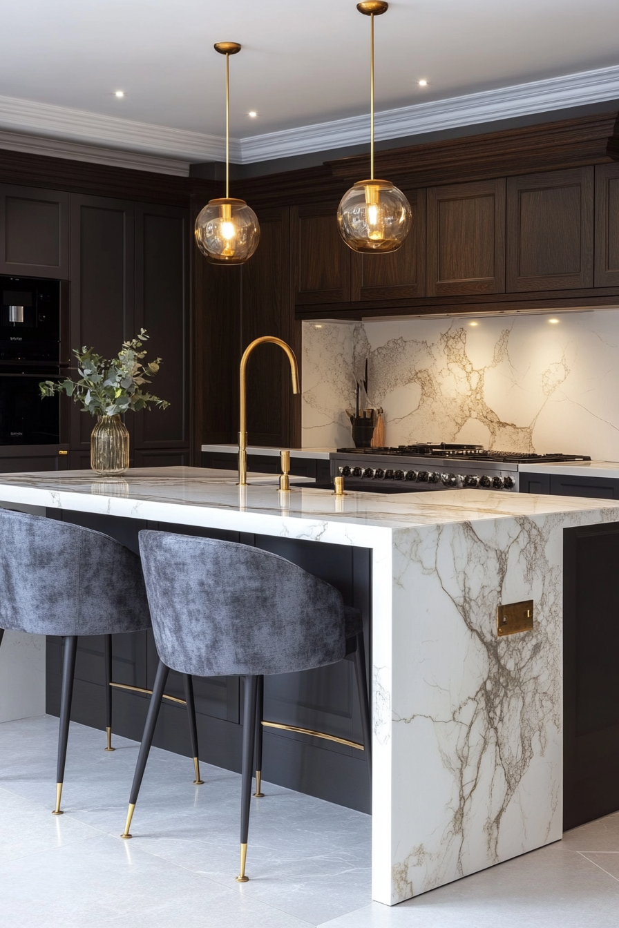 Premium kitchen design. Marble breakfast bar with gold accents.