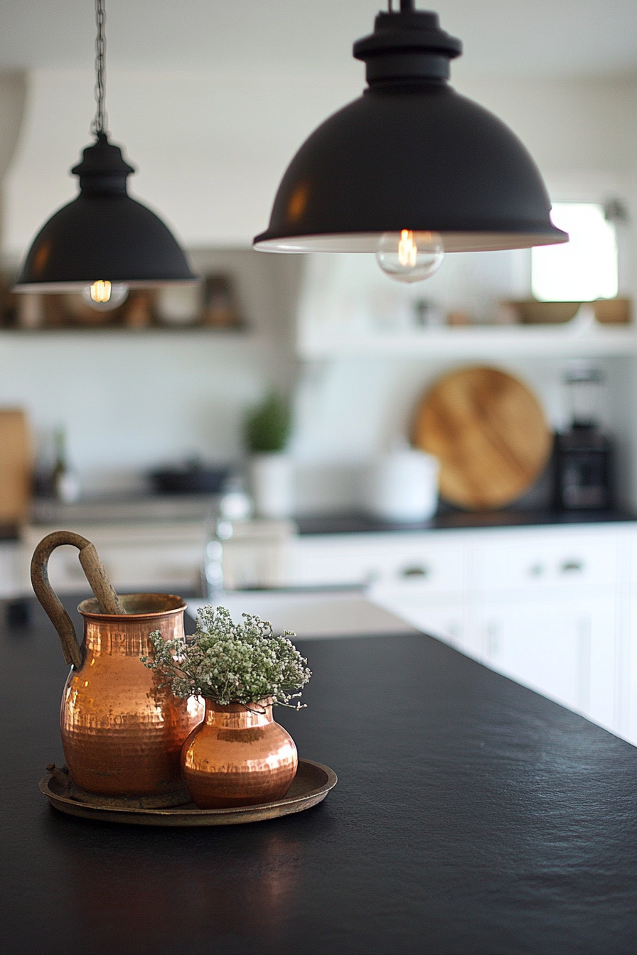 Kitchen design. Soapstone countertops, copper vessels, vintage scale, industrial pendant lights.