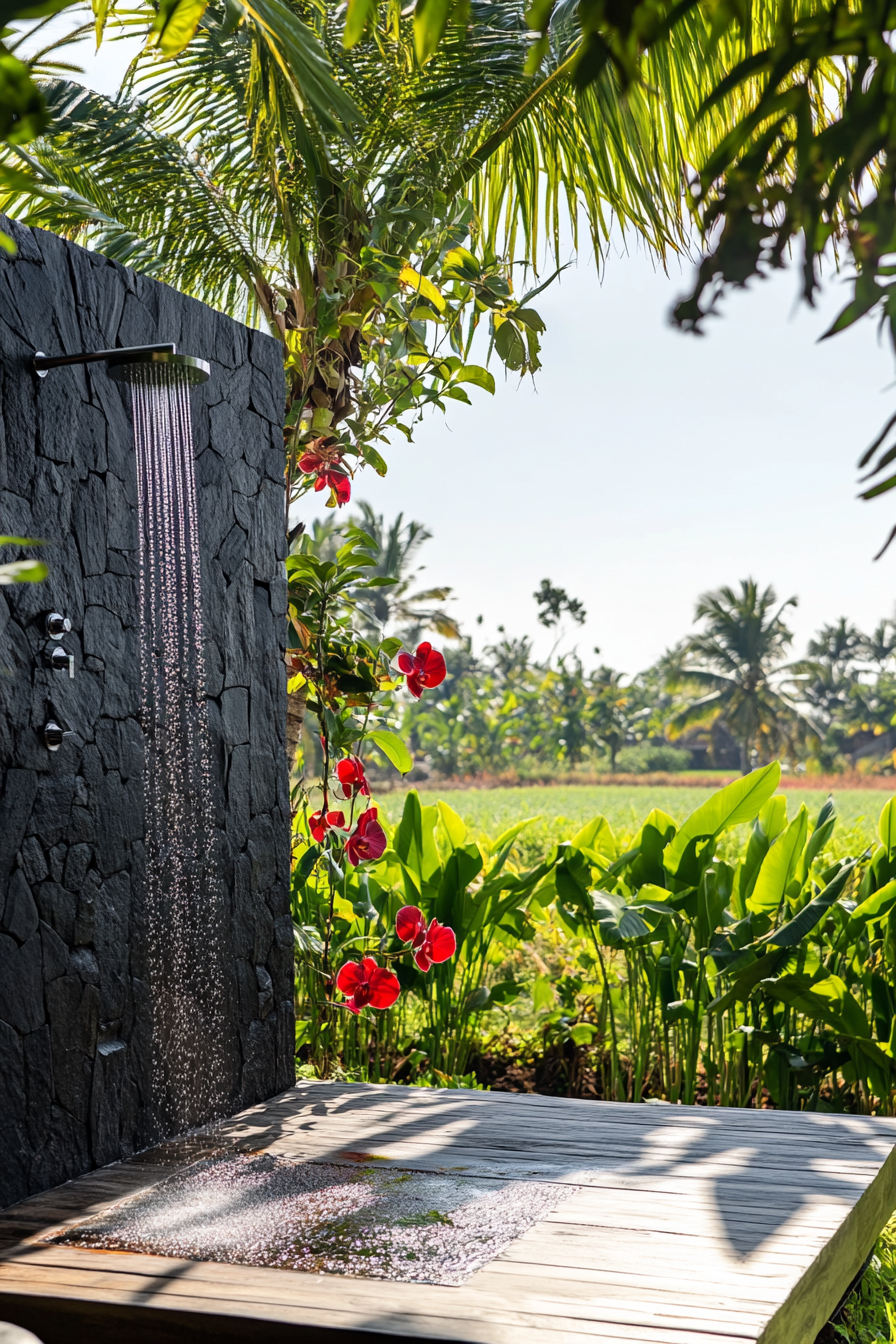 Outdoor shower. Black lava stone walls, teak platform, living orchid wall, panoramic rice paddy view.