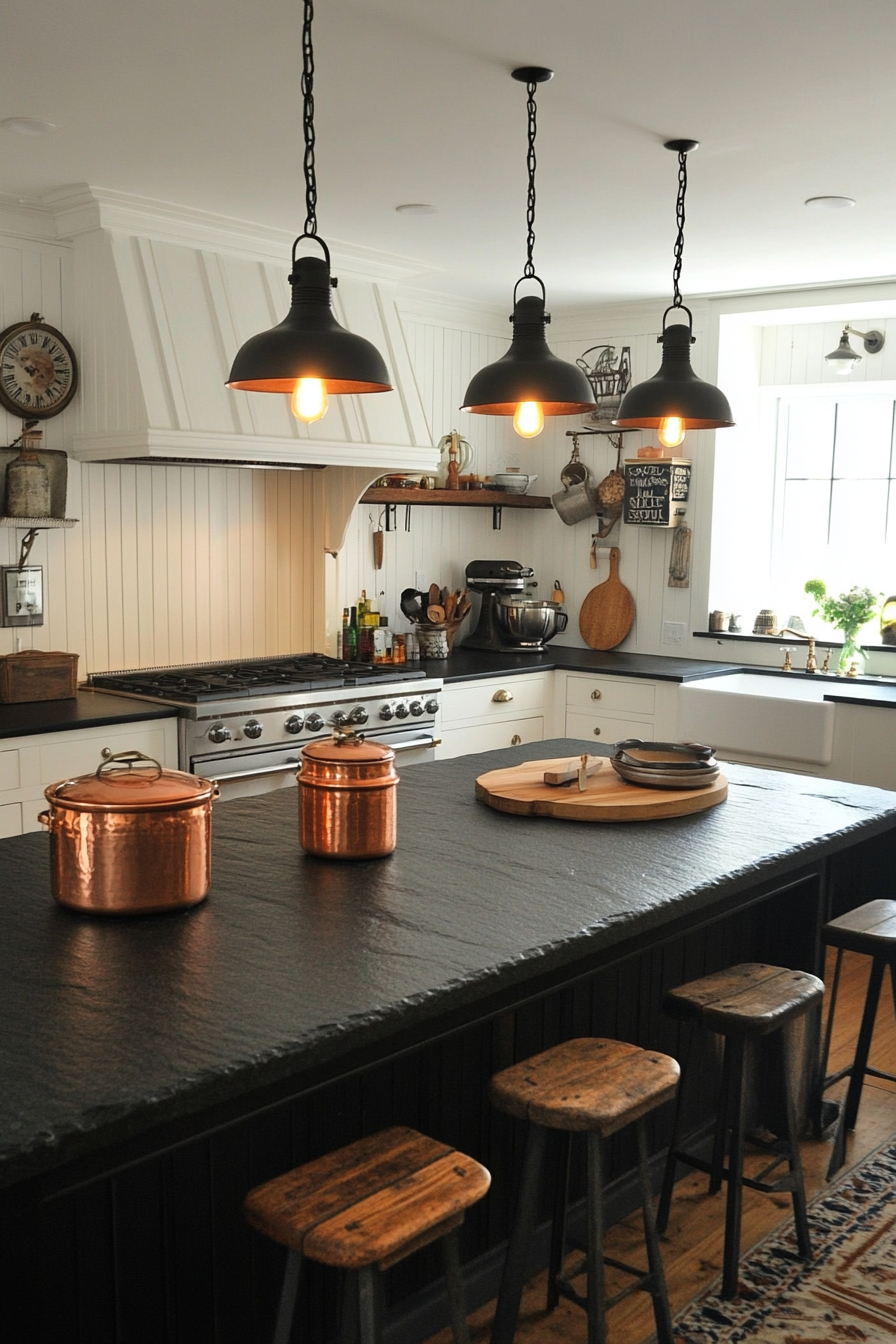 Welcoming kitchen. Soapstone countertops, copper work pots, vintage scales underneath industrial-style pendants.