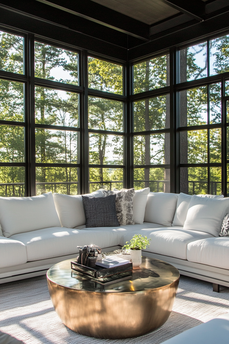 Modern enclosed porch. Glass walls, white sectional sofa, metallic coffee table.