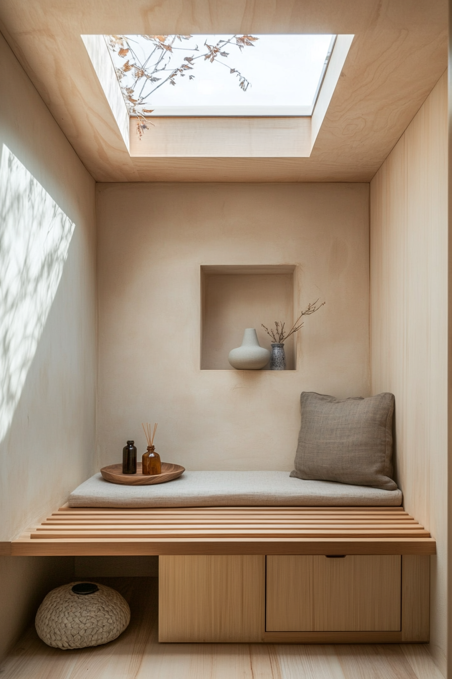 Compact meditation space. Built-in bamboo bench and essential oil diffuser station beneath a skylight.