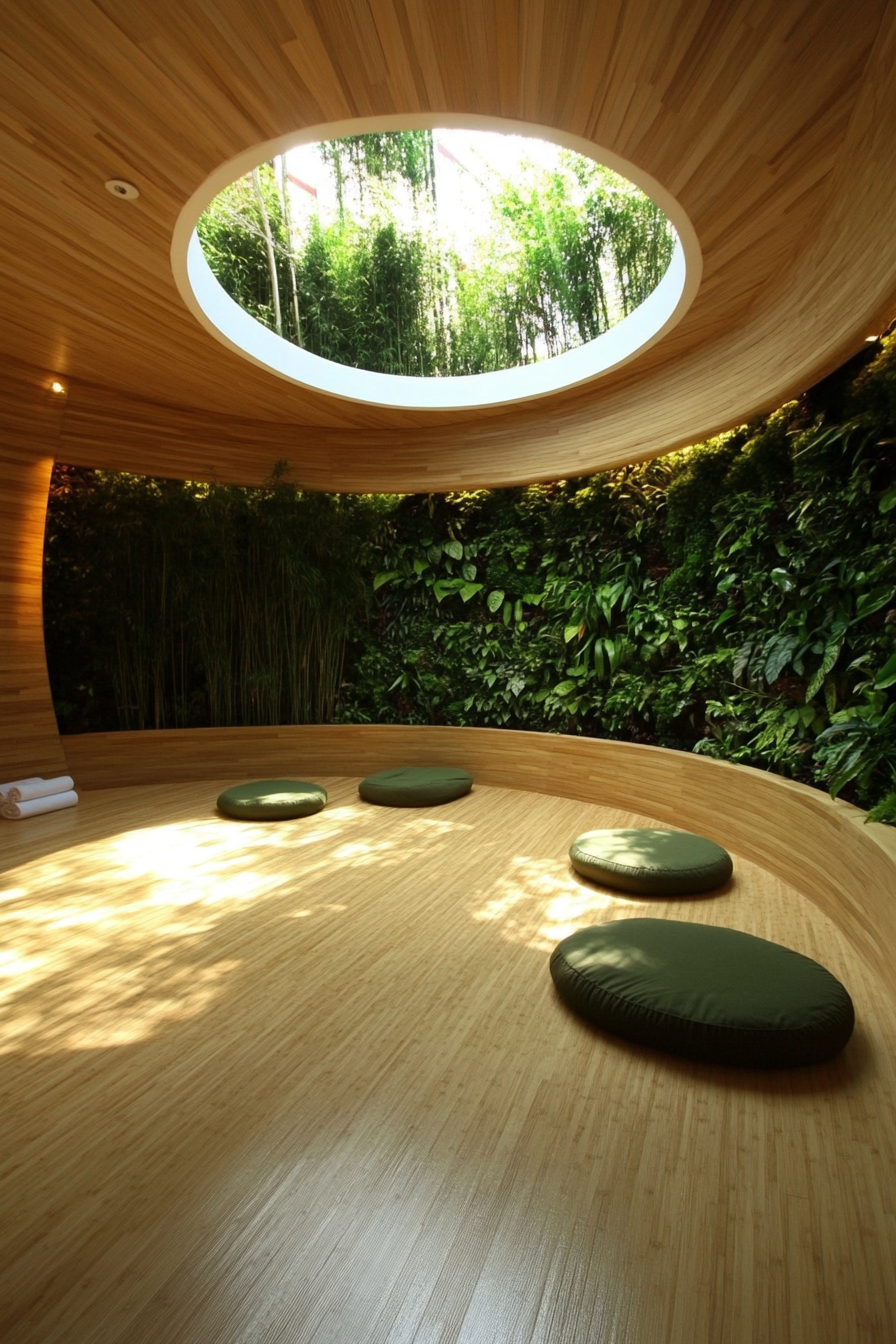 Yoga space. Bamboo flooring, meditation corner, living wall, circular skylight.