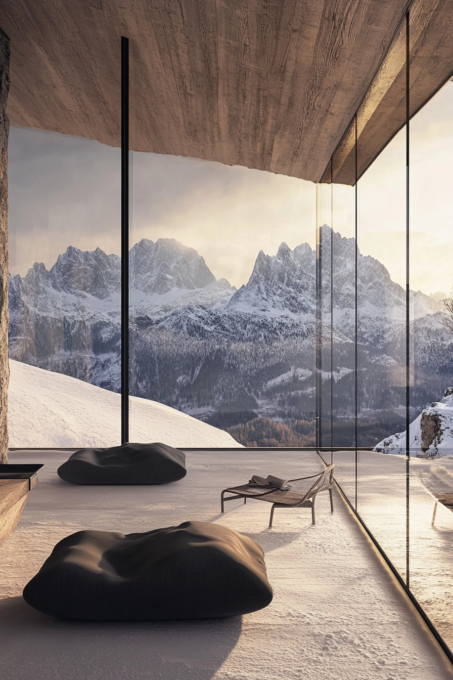 Alpine living. Glass-paneled cabin overlooking snowy mountain peaks.