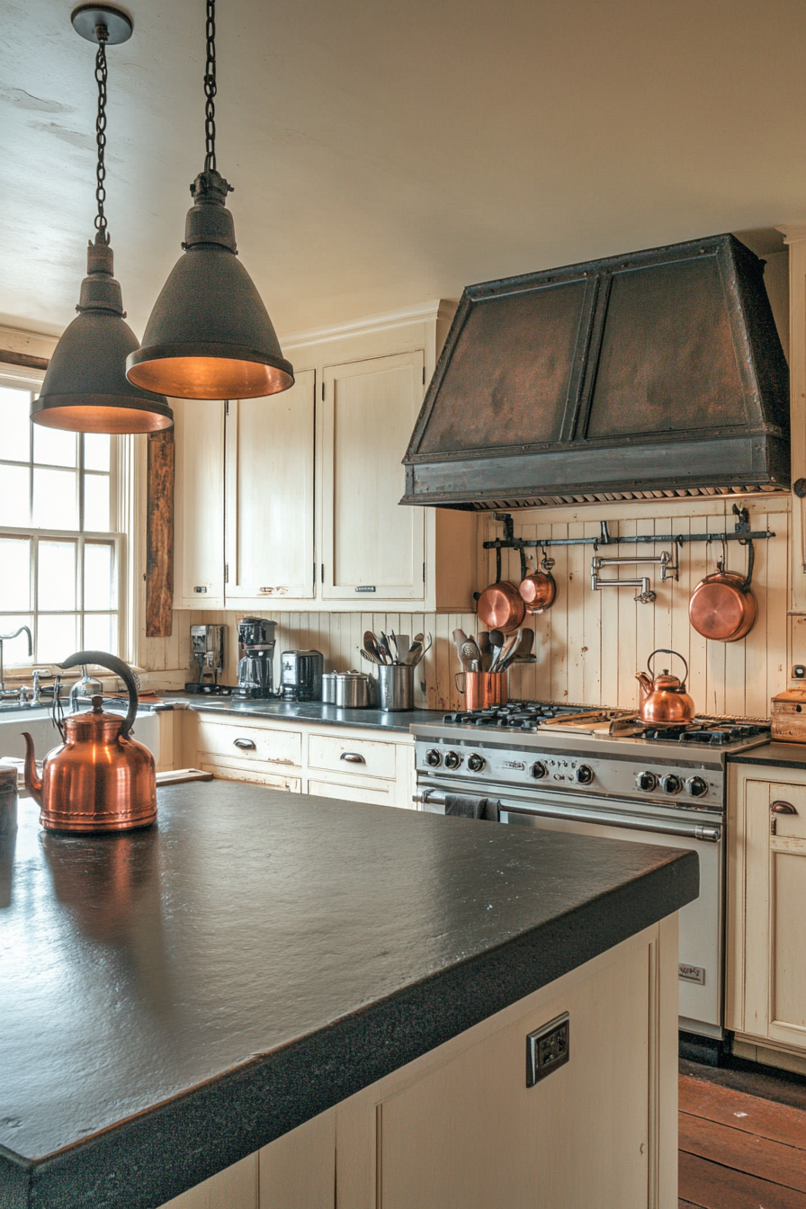 Kitchen. Ivory Cabinets, soapstone countertops, copper kettle, vintage scales, under iron pendant lights.