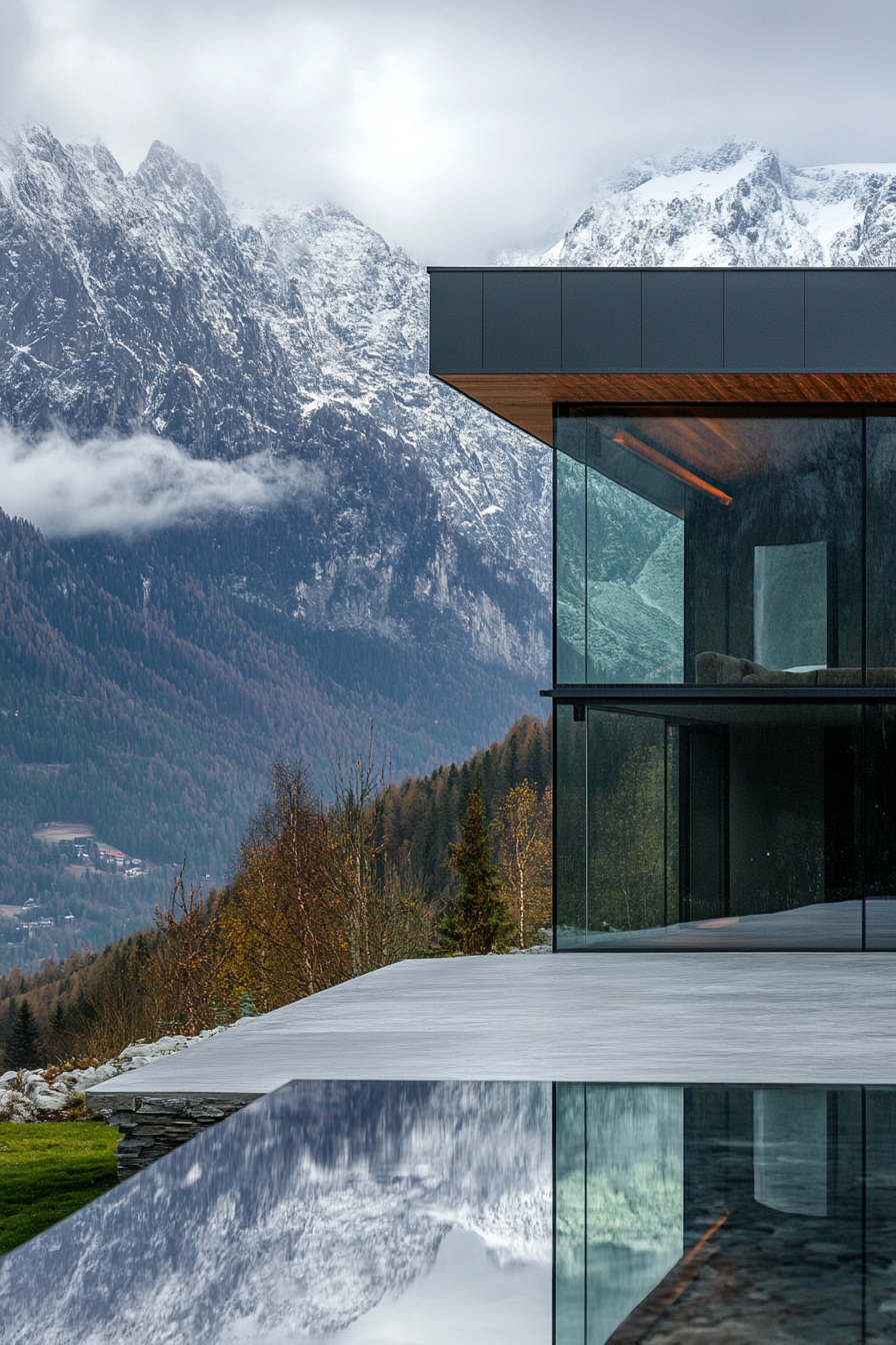 Contemporary Alpine home. Glass facade with panoramic mountain view.