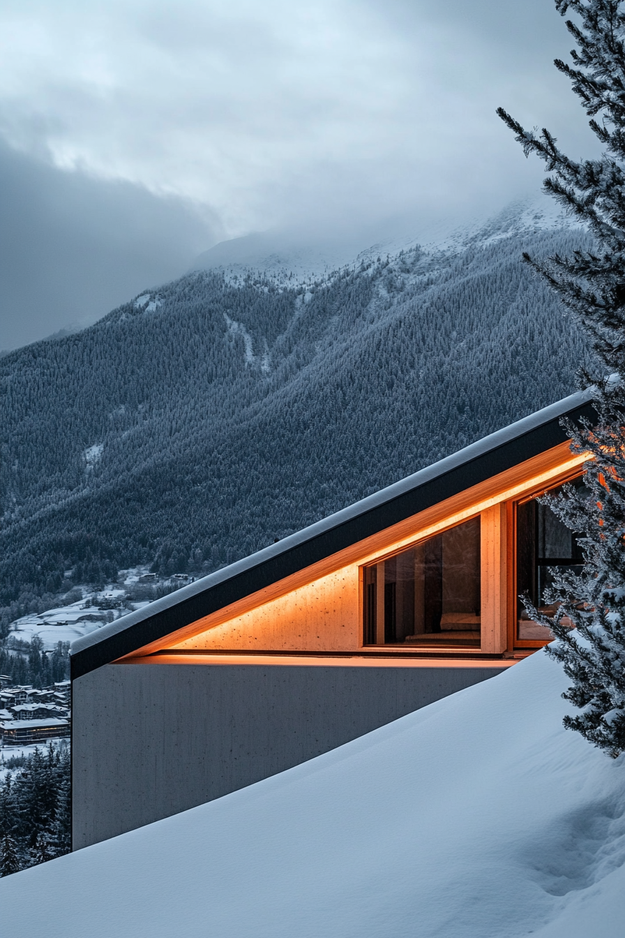 Alpine living. Modern ski chalet with panoramic frosty mountain views.