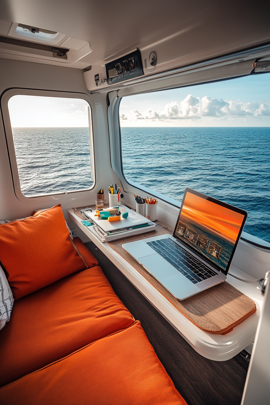 Mobile office. Convertible workstation with solar powered laptop on ocean-view desk.