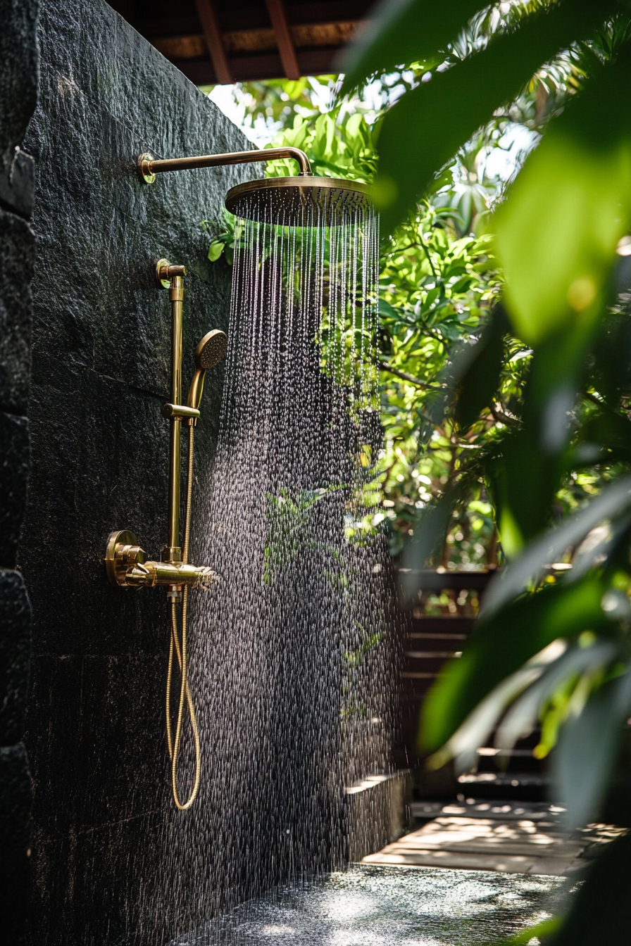 Outdoor shower. Lava stone walls, brass rain shower-head, view of oriental garden.