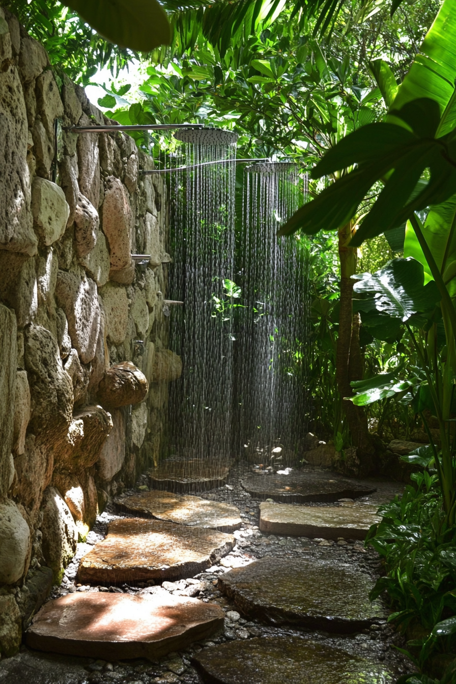 Outdoor shower design. Natural rocks formation, multiple cascading shower heads amid lush tropical vegetation.