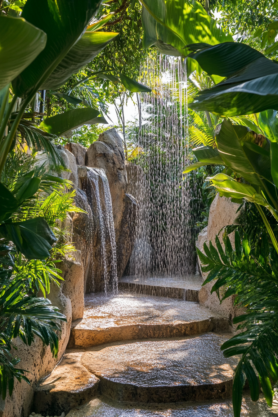 Outdoor shower. Natural rock formation, multiple cascading heads, surrounded by tropical plants.