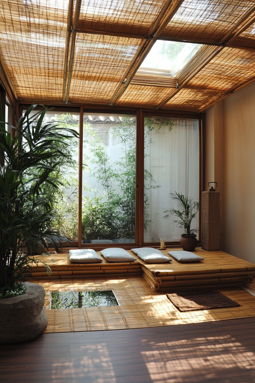 Meditation space. Bamboo bench with cushion storage, diffuser station under skylight.