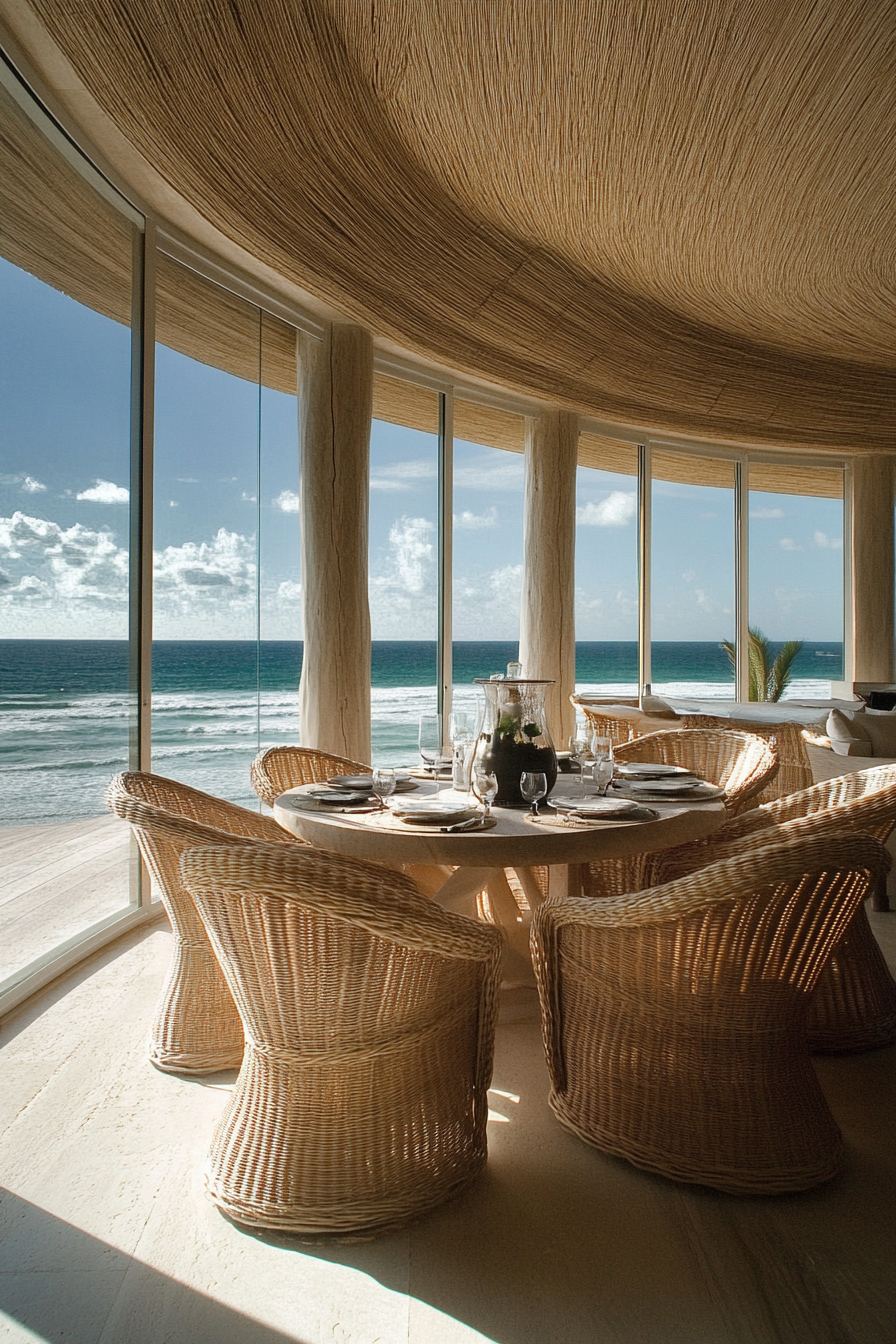 Dining room. Brunette bleached floors, curved rattan chairs, floor-to-ceiling ocean view.