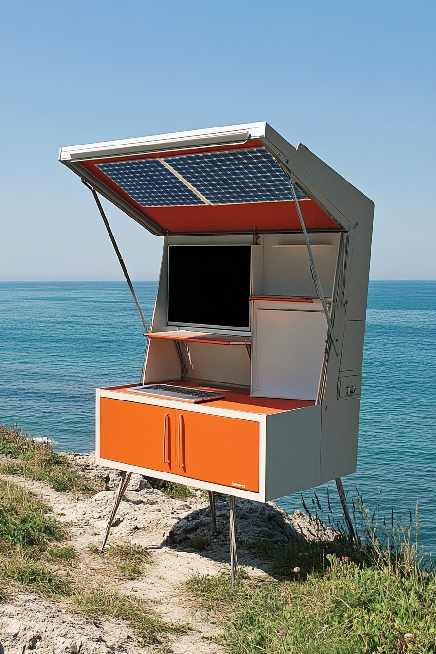 Flexible mobile office. Convertible workstation overlooking the ocean, powered with solar technology.